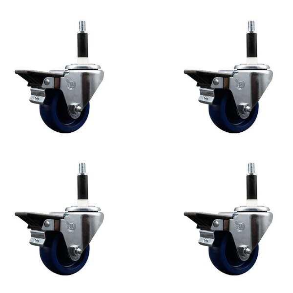 3'' Solid Poly Swivel 7/8'' Expanding Stem Caster Set with Brake, 4PK